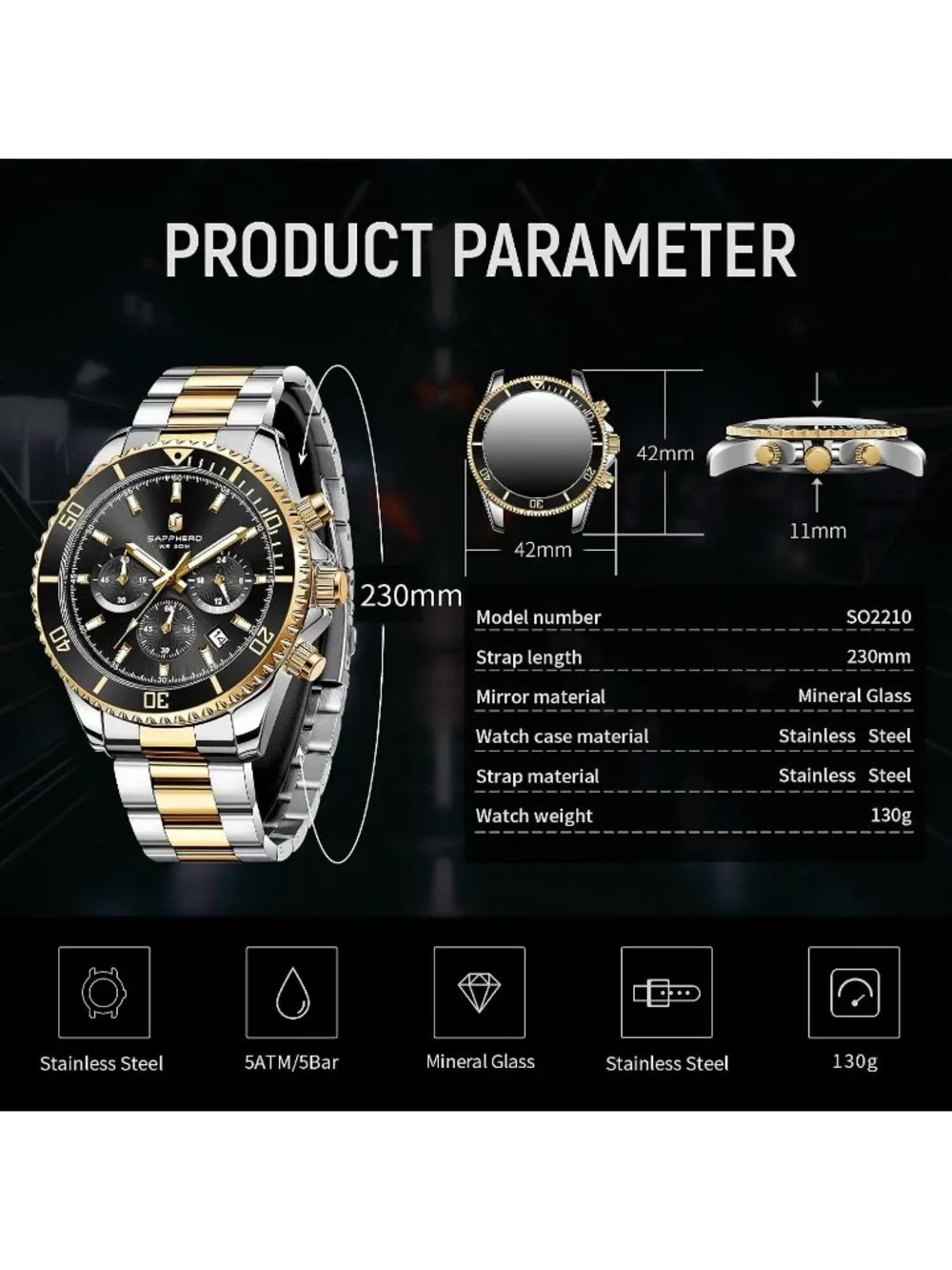 Men's Gold /Black face Chronograph Stainless Steel Waterproof Quartz Wrist Watch